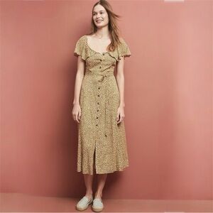 Anthropologie Bolano Midi Dress Animal Print Button Front Belted Size 10 New